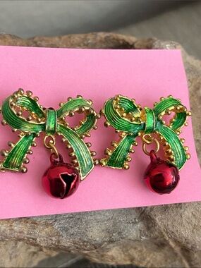 Vintage 90s Bows & Bells Post Pierced Dangling Earrings